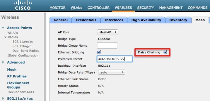 Configuring Daisy-chaining (Cisco Controller) >config ap daisy-chaining [enable/disable] <ap_name>