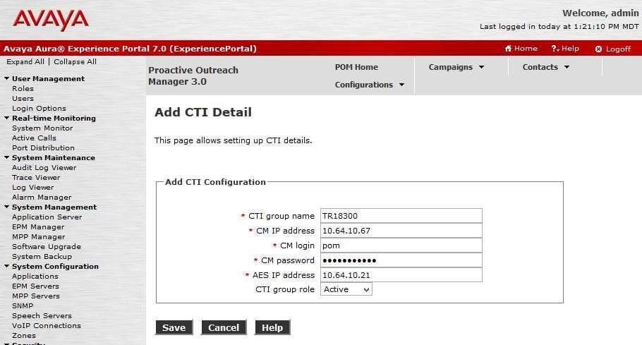 5.6. Configure CTI From POM Home, navigate to Configurations CC Elite Configurations and select Add CTI Detail under CTI Configuration (not shown).