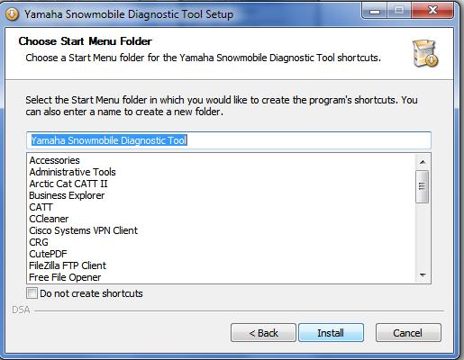 Next, choose a start menu folder for the Yamaha Snowmobile Diagnostic Tool shortcuts.