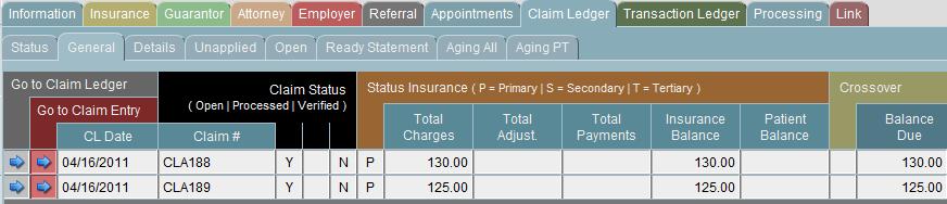 Click the Claim Ledger tab to view claim information or go to a claim: (used most