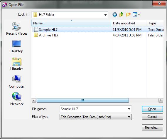 D. Click here to Import Electronic File When the Open File Dialog Box opens, go to the HL7 Folder in your EBPro folder and move the previously imported HL7 file into the Archive_HL7 folder, so that