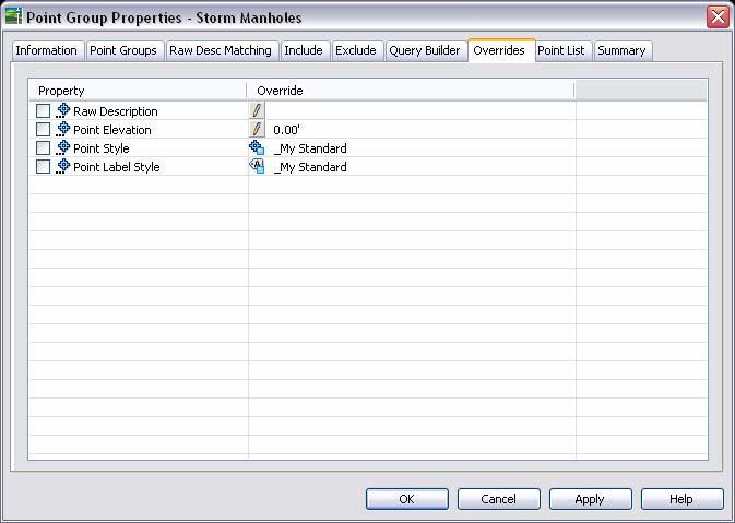 Figure 37 Point Group Properties Overrides tab Check the Point Label Style property, and then click in the Override column of the Point Label Style property to display the