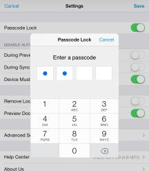 Passcode Lock SharePlus provides an optional Passcode Lock. When opening the application with Passcode Lock enabled, you are prompted to enter a four digit code.