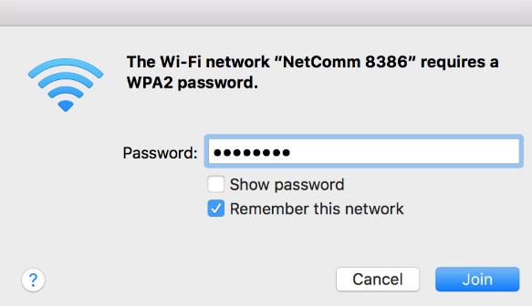 3 Enter your WiFi security key/password and click Join to connect to the WiFi network.