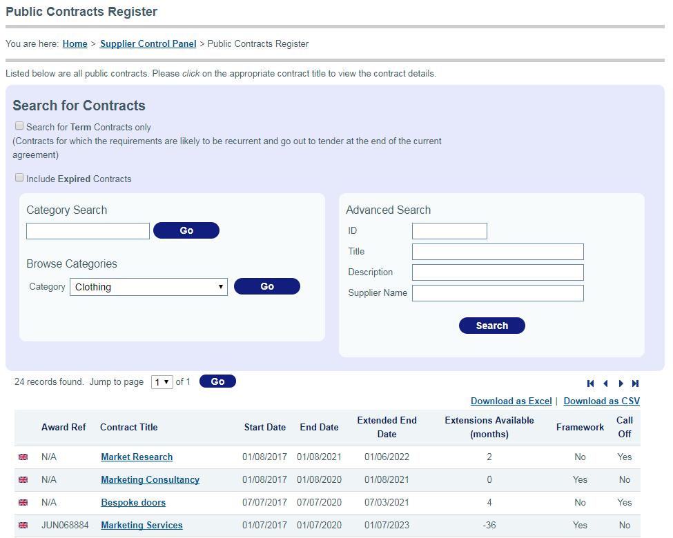 After the user has selected the Contracts Register link to view the current contracts, they have the option to filter the list by category, ID, title, description and supplier name.