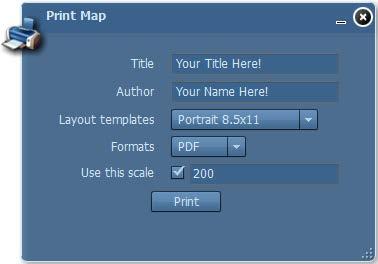 Print Map This tool will print the current map display or extent. The users has the option to add a title and author s name.