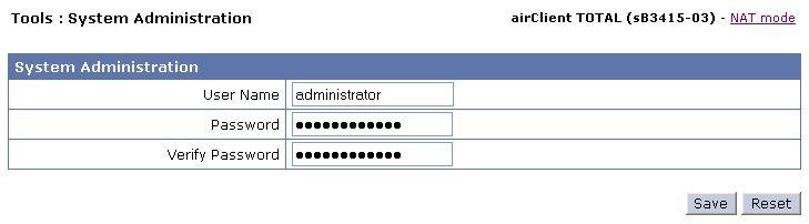 2.2. Web GUI Administrator User Name and Password Change The default administrator user name for the airclient TOTAL 3415 is administrator and administrator password is smartbridges (please note that