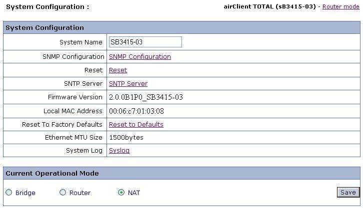 2.6. Changing from Router to NAT Mode Follow the steps below to change the airclient TOTAL from Router Mode to NAT Mode: 1. From the navigation menu bar, click on Tools System Configuration.