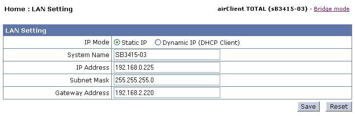 2.9. airclient TOTAL Bridge Configuration (sb3415-03 only) This section is only valid for the sb3415-03 model.