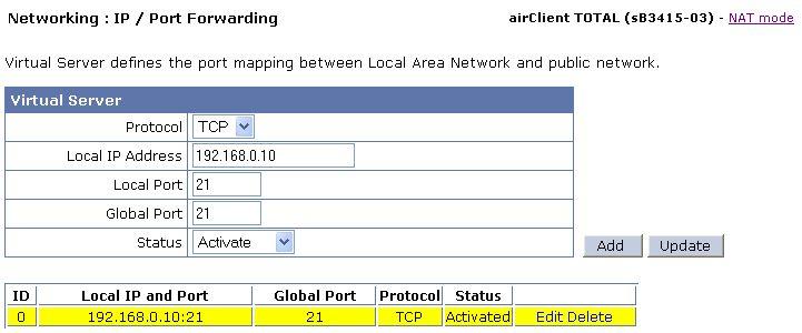 Figure 2-24 IP/Port Forwarding Table Entries on Summary Page Follow the steps below to edit or delete a port forwarding entry in the airclient TOTAL operating in NAT Mode. 1.