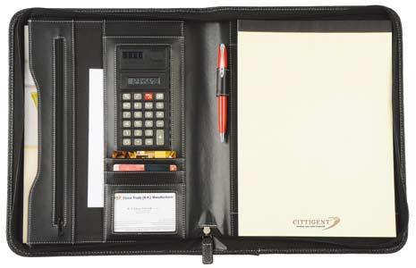 include a gusset file pocket, 7 ruler calculator, card and window pockets, pen loop,