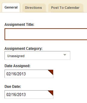 If categories have been created in the Assignment Category section, click on the drop-down box and choose the desired category. Choose the Date Assigned and also the Due Date for the assignment.
