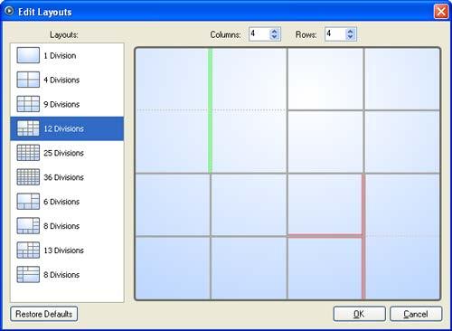 Avigilon Control Center Web Client User Guide Figure B. Edit Layouts dialog box o o o To create a larger image panel, select a grey line to delete the border between two image panels.