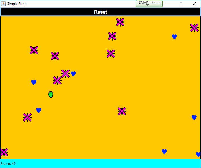 Last Program. Here we will make a simple game. We move a player around a panel using the arrow keys. You get 10 points for every blue heart you catch.