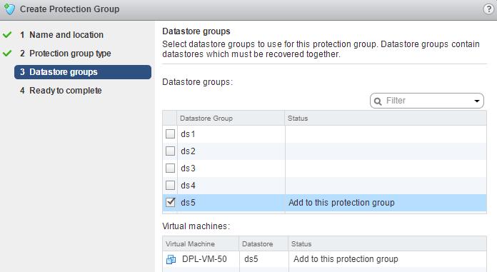 Figure 40 - Create Protection Group - Datastore groups Click the appropriate checkbox or checkboxes to add one or more datastore