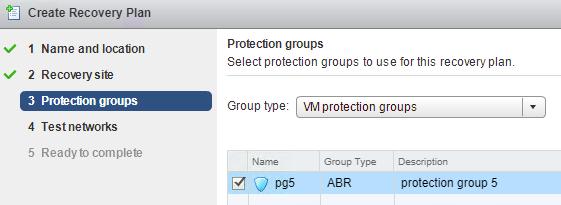 Figure 47 - Create Recovery Plan - Protection groups The Protection groups window will