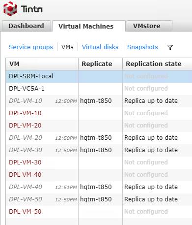Figure 53 - Placeholder VMs after a failover & prior to reprotect In the example provided the VMs appearing with a red colored font are placeholder VMs in a state immediately following a successful