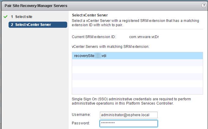 The address that you provide for the Platform Services Controller must be an exact match of the of address that you provided when you installed Site Recovery Manager Server on the remote site. 7.