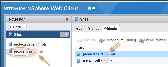 12. Now you should be able to see the remote site (recovery site) appear under Sites in the SRM interface.