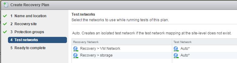 10. Select the networks to use while running tests of this recovery plan.