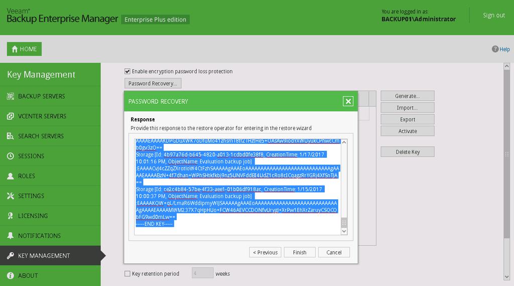 5. Log in to Veeam Backup Enterprise Manager as Administrator. 6. In the top right corner of the window, click Configuration. 7. On the left, click Key Management. 8.