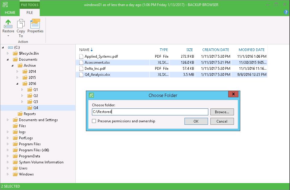 6. Veeam Backup & Replication will display the Backup Browser window with the file system tree of the VM.
