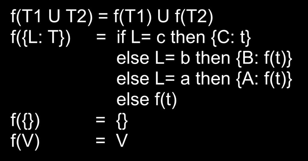 XSLT and Structural Recursion Equivalent to: f(t1 U T2) = f(t1) U f(t2) f({l: T}) = if L= c then {C: t} else L= b then {B: f(t)} else L= a