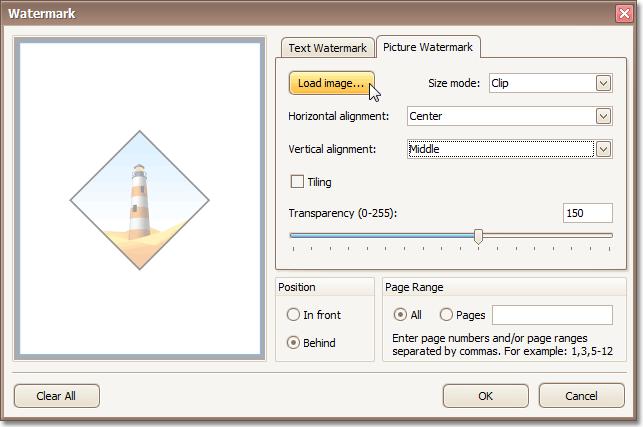 Print Preview 146 Load the image and customize its properties, such as size mode, horizontal and vertical alignment, tiling, transparency, etc.