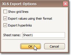 Print Preview XLS-Specific Export Options 155 When exporting a document, you can define XLS-specific exporting options using the following dialog.
