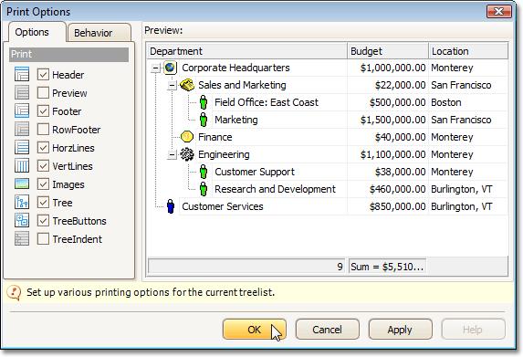 Print Preview Customize Printing Settings of Tree Views 163 If allowed by your application vendor, you can customize additional print settings of a document.