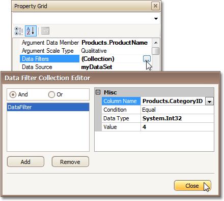 233 To save the changes and quit the editor, click Close. Repeat the same actions for Series2, i.e. choose its Data Filters property, add a filter and define its Column Name and Value. 7.