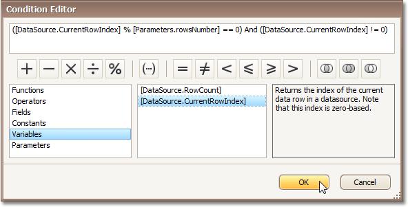 In this editor, define the following expression for the rule: ([DataSource.CurrentRowIndex] % [Parameters.rowsNumber] == 0) 