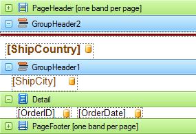 Grouping Bands 321 The Group Header and Group Footer bands are shown above and below each group.