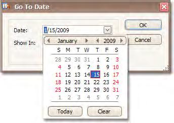 ... Go To This Day Only available in the Week View and Month View modes. This item is active when only one day is selected, and when activated, displays the target day in the Day View mode.