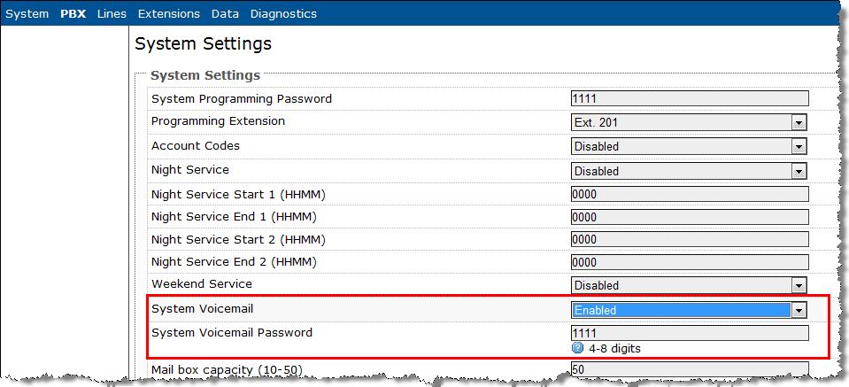 Configuring System Voicemail Enabling the System Voicemail via the GUI Open the PBX menu and