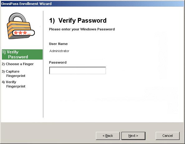 Figure 3 - Enroll Wizard: Verify Password Screen On the Verify Password screen, your current Windows user name has already been filled in (unless you are using Windows 9x or Windows ME see note).