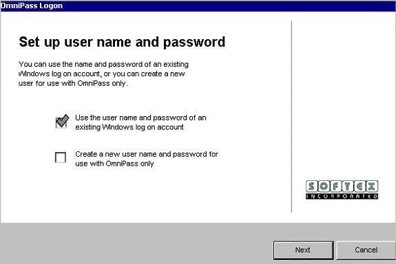 In the following screen, you will be prompted to use an existing Windows user or to create an OmniPass only user. The default is to use an existing windows account. Please see Figure 3 below.