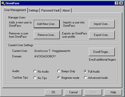 Figure 19: Importing a User Exporting Users To export a user with all password information, open the OmniPass program and click on the Export User button.