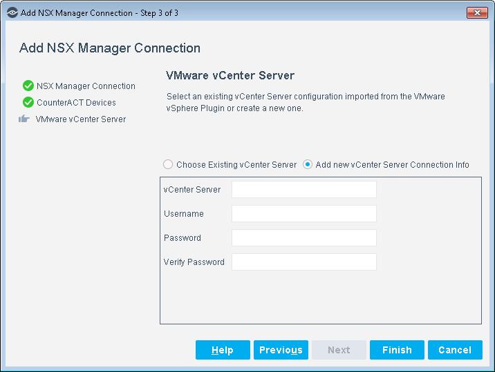 The VMware vcenter Server Connection pane displays. You need to configure the NSX Manager to a vcenter server.