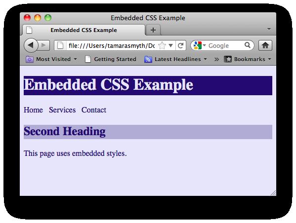 Using Embedded CSS Embedded styles apply to the entire document and are placed within a <style> element in the head section of a web page. The opening and closing <style>.