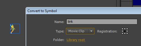 Click on the tinkerbell layer. We want to make Tink our cursor. To do that, she has to be a movie clip. So, let s create a new one. Modify > Symbol (or F8)and select movie clip as the type.