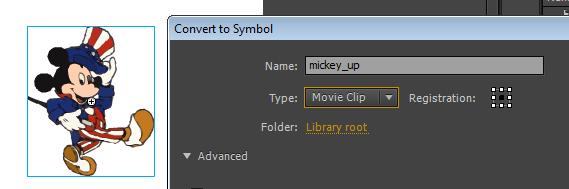 Convert him to a movie clip symbol. While he is still selected (after tracing) press F8. Use the settings below: 4. Double click Mickey_up so we can get inside his movie clip.