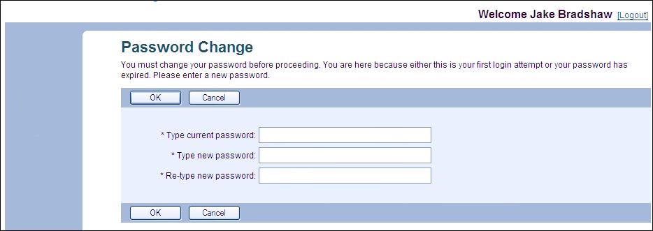 7. Type your current password. Figure 8 Password Change 8. Type your new password. Your password does not appear as you type; asterisks appear for each character you type. 9. Re-type your password.