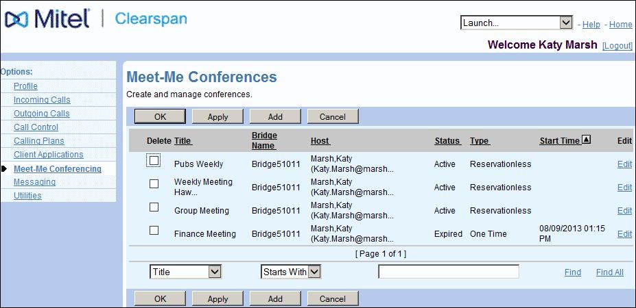 Figure 9 User Meet-Me Conferences You can use the following procedures to organize items in CommPilot list pages: Change sort order of data Display another page Search for specific items on list