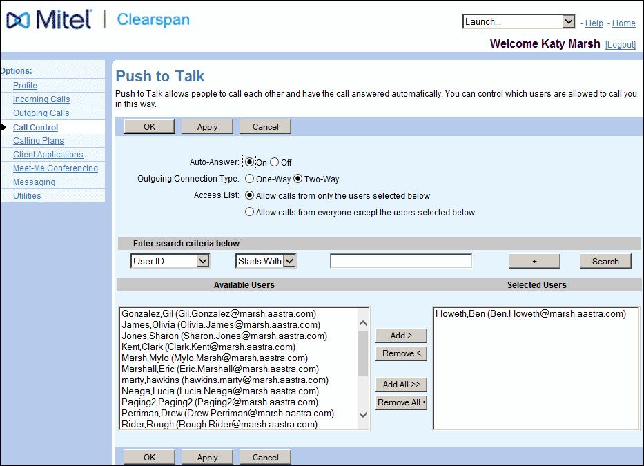 Figure 15 User Push To Talk Selecting Users Allowed to Call You 1. Use the Search function to find available users. 2.