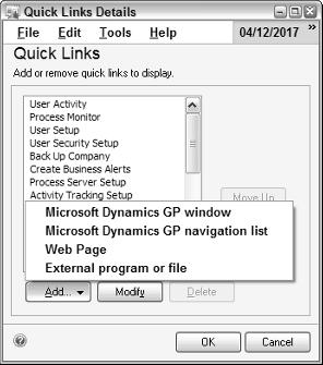 18 Part I: Great Things with Microsoft Dynamics GP Figure 1-12: The types of links you can add to the Quick Links list.