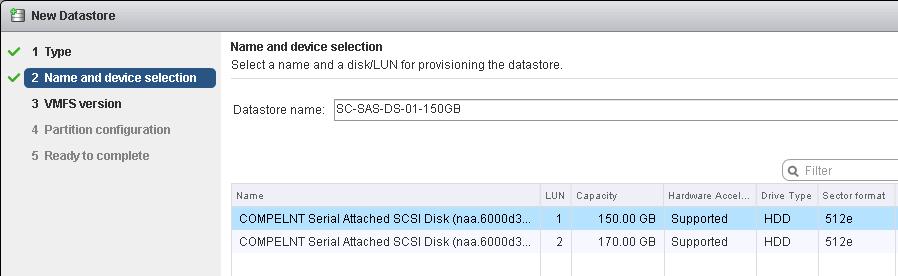 storage array. 6. Select the VMFS version and click Next. Note: If vsphere hosts running ESXi version 6.