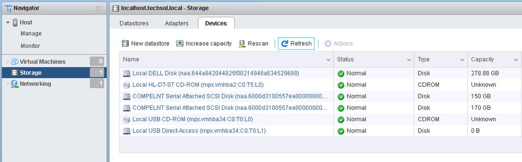 Open the Devices tab to view the new SAS storage devices. 3.8.2.2 Create a datastore 1.