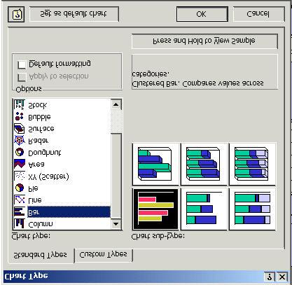 The Chart Type dialog box appears: select Standard Types and select Chart Type option select Chart Subtype option and click OK Note: A brief description of the chart selected appears in the right