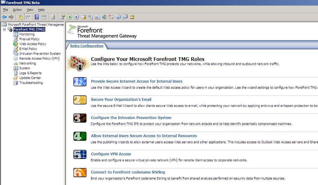 Figure 2: Microsoft Forefront TMG console In the Monitoring node under the Services tab, Microsoft Forefront TMG services are now grouped and there is a new